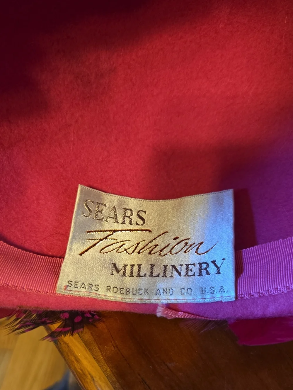 Vintage Feathered Hat Wool- Hot Pink Mid Century Unique